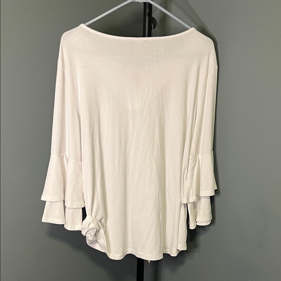 Link Cream Ribbed Boatneck Top with Grommet Tie & Tiered Ruffle Sleeves - Picture 6 of 6